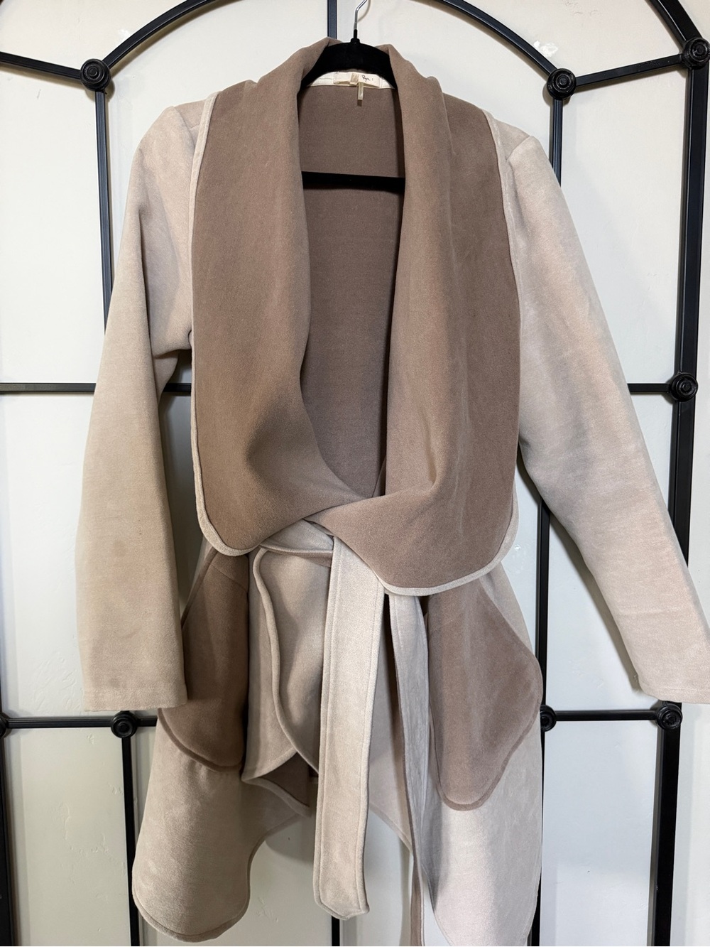 Ryu Two-Tone Taupe and Beige Draped Trench Coat with Belt